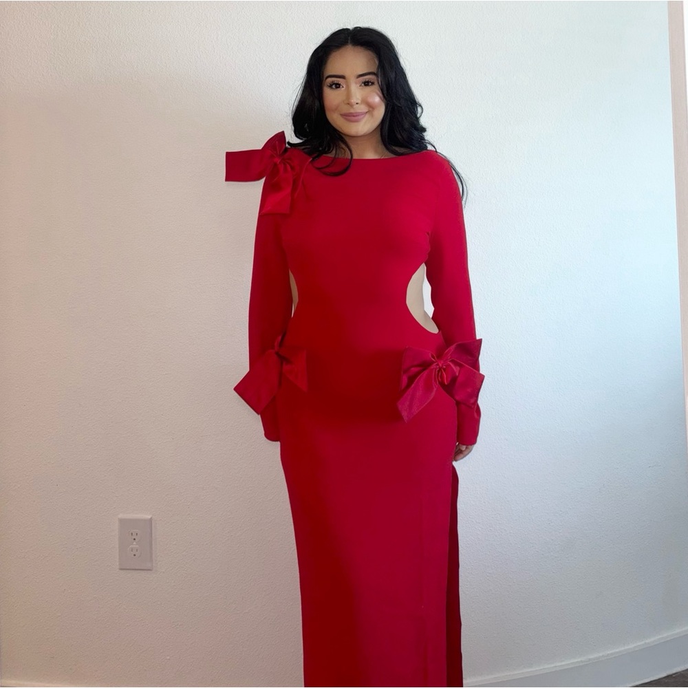 LAVELE Red Bow Maxi Dress